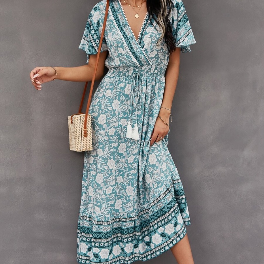 Boho Yellow Floral Print Butterfly Sleeve Midi Dress Cottagecore - Picture 11 of 13